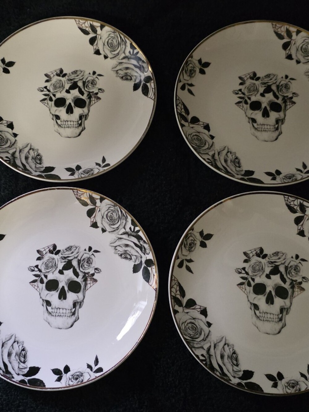 Floral Skull 4pc Appetizer Plate Set, Real Gold Finish. Used And Chipped